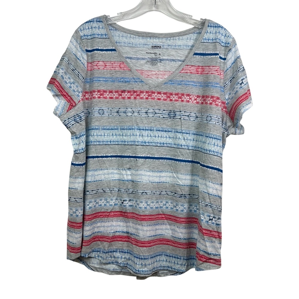 Sonoma Goods For Life The Everyday Tee XL Gray Blue Red Striped V-Neck T-Shirt